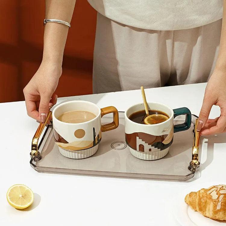 Nordic Unique Design Printed Ceramic Coffee Mug Cup with gold spoon │ Aesthetic Decorative Kitchenware - Besontique Home