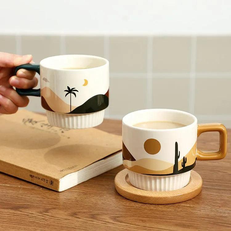 Nordic Unique Design Printed Ceramic Coffee Mug Cup with gold spoon │ Aesthetic Decorative Kitchenware - Besontique Home