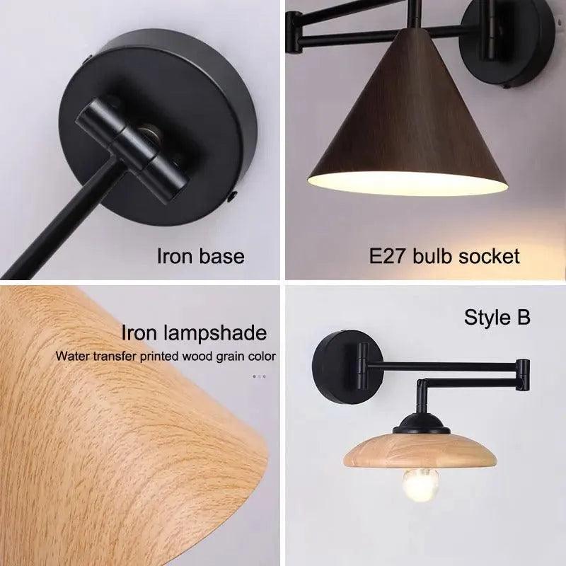 Nordic Wood Grain Wall Lighting Lamp │ Modern Retro Retractable Foldable Bedside Wall Mounted Light - Besontique Home