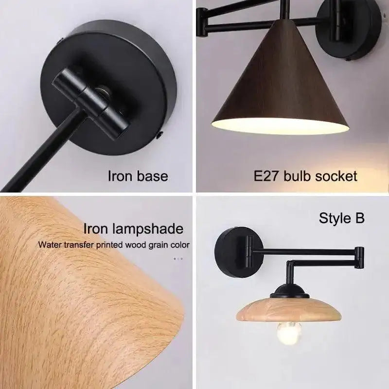 Nordic Wood Grain Wall Lighting Lamp │ Modern Retro Retractable Foldable Bedside Wall Mounted Light - Besontique Home