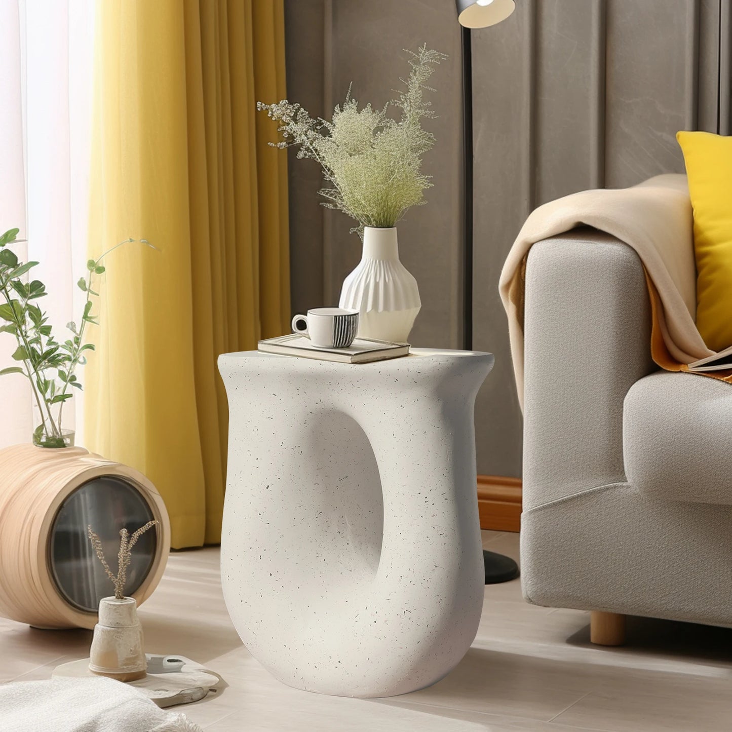 Modern Style Geometric Side Coffee Table │ Pedestal Lightweight Concrete Nightstand Table Furniture