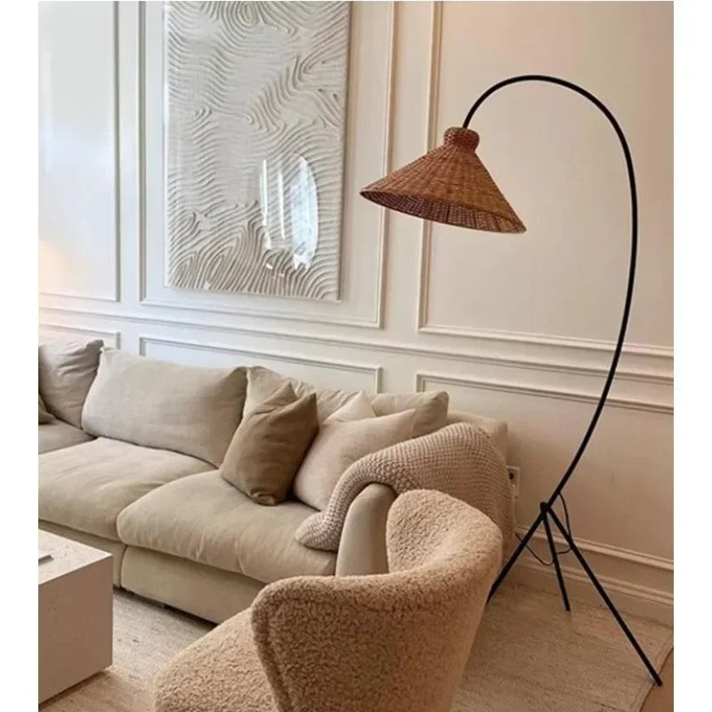 Rattan Shade Tripod Floor Lamp │ Modern Vintage Japandi Home Standing Light - Besontique Home