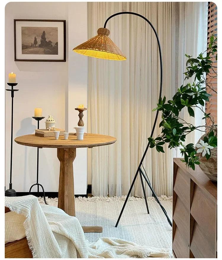 Rattan Shade Tripod Floor Lamp │ Modern Vintage Japandi Home Standing Light - Besontique Home