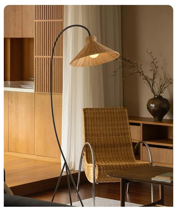 Rattan Shade Tripod Floor Lamp │ Modern Vintage Japandi Home Standing Light - Besontique Home