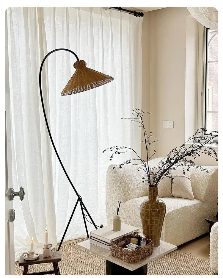 Rattan Shade Tripod Floor Lamp │ Modern Vintage Japandi Home Standing Light - Besontique Home