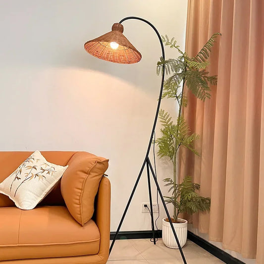 Rattan Shade Tripod Floor Lamp │ Modern Vintage Japandi Home Standing Light - Besontique Home