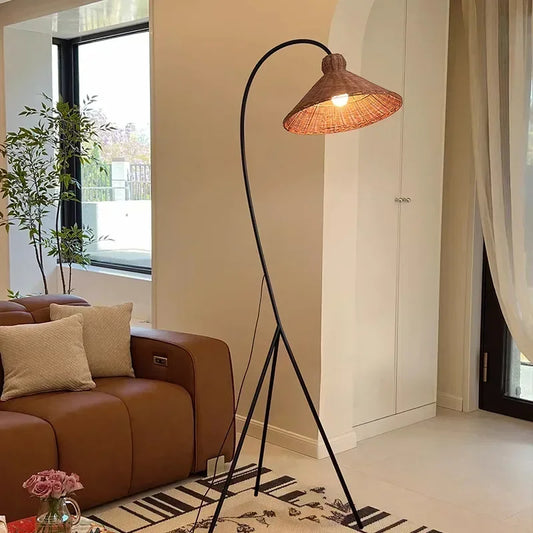 Rattan Shade Tripod Floor Lamp │ Modern Vintage Japandi Home Standing Light - Besontique Home