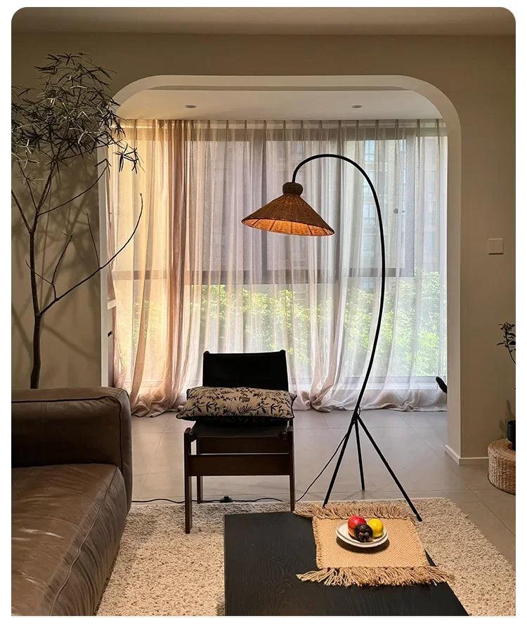 Rattan Shade Tripod Floor Lamp │ Modern Vintage Japandi Home Standing Light - Besontique Home