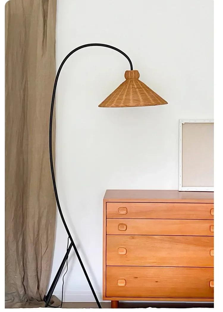 Rattan Shade Tripod Floor Lamp │ Modern Vintage Japandi Home Standing Light - Besontique Home