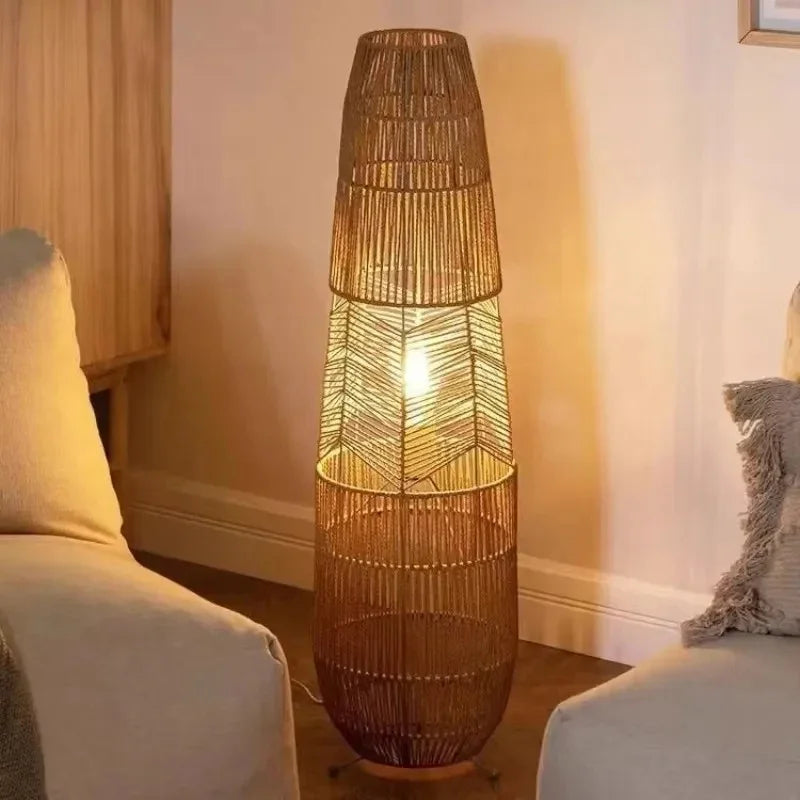 Retro Style Hemp Rope Floor Lamp │ Japandi Rattan Weaving Home Tripod Standing Light - Besontique Home