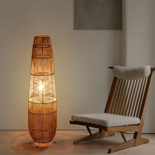 Retro Style Hemp Rope Floor Lamp │ Japandi Rattan Weaving Home Tripod Standing Light - Besontique Home