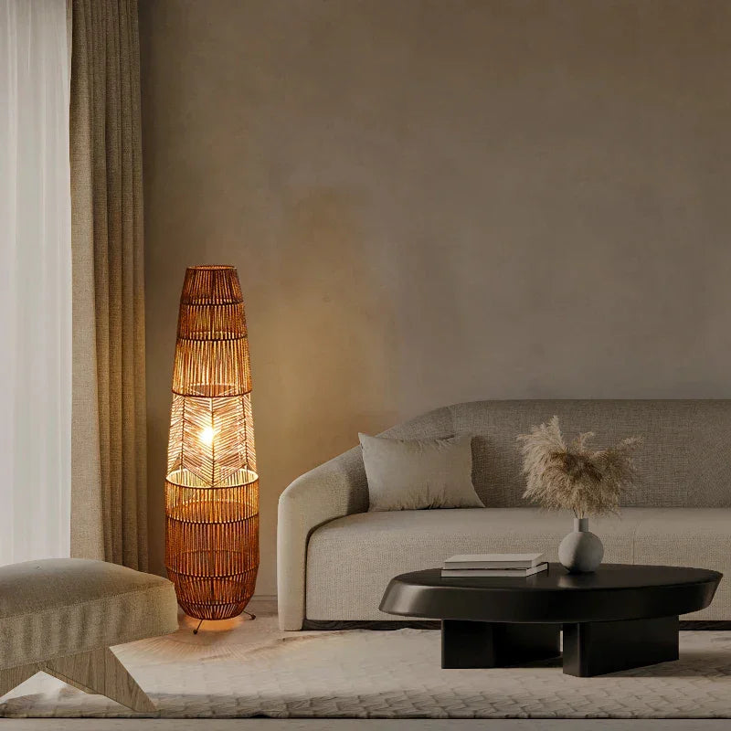 Retro Style Hemp Rope Floor Lamp │ Japandi Rattan Weaving Home Tripod Standing Light - Besontique Home