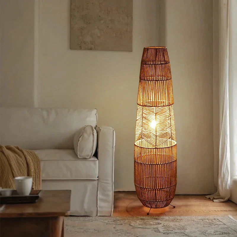 Retro Style Hemp Rope Floor Lamp │ Japandi Rattan Weaving Home Tripod Standing Light - Besontique Home