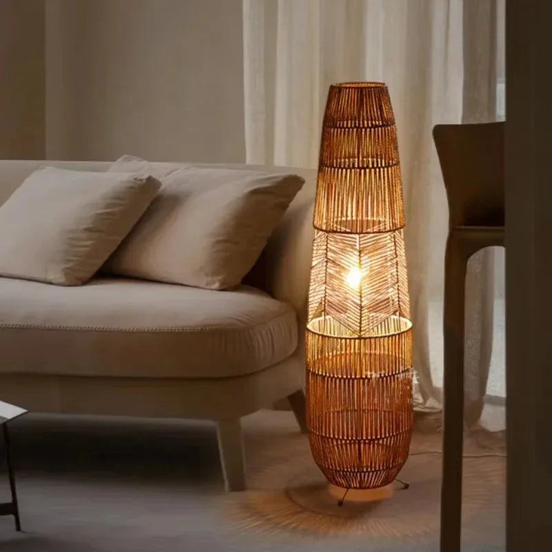 Retro Style Hemp Rope Floor Lamp │ Japandi Rattan Weaving Home Tripod Standing Light - Besontique Home