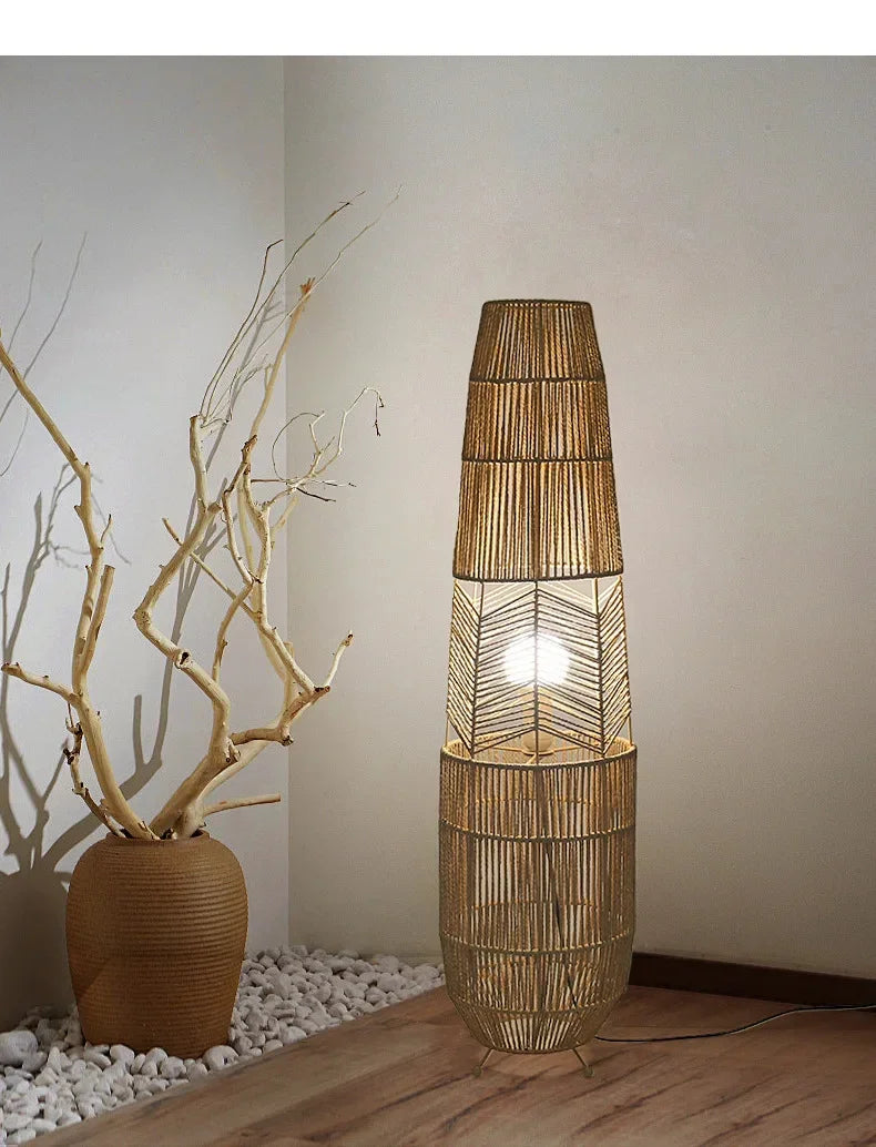 Retro Style Hemp Rope Floor Lamp │ Japandi Rattan Weaving Home Tripod Standing Light - Besontique Home