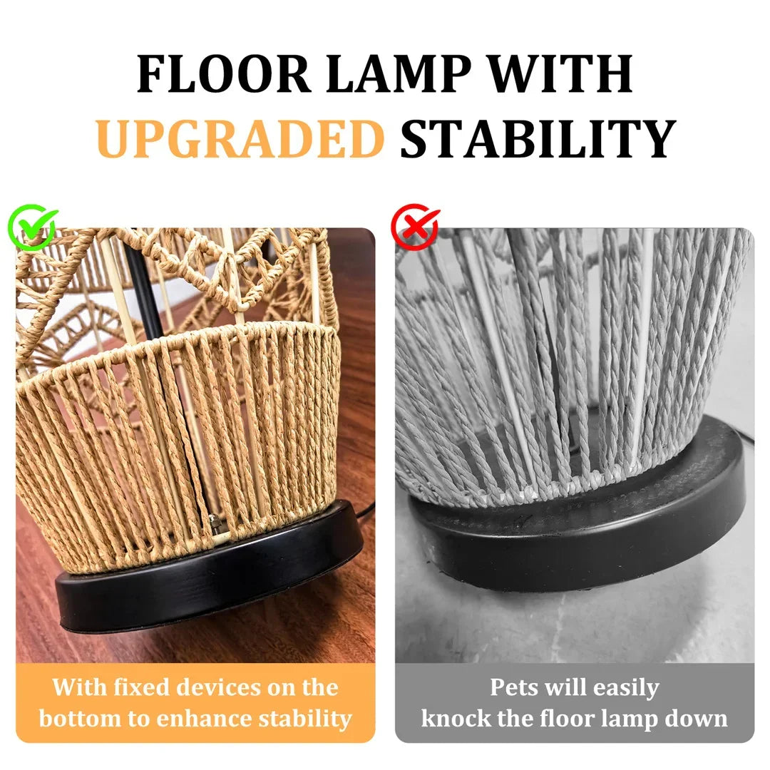 Retro Style Linen Art Hemp Rope Floor Lamp │ Japandi Rattan Weaving Home Tripod Standing Light - Besontique Home