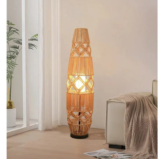 Retro Style Linen Art Hemp Rope Floor Lamp │ Japandi Rattan Weaving Home Tripod Standing Light - Besontique Home