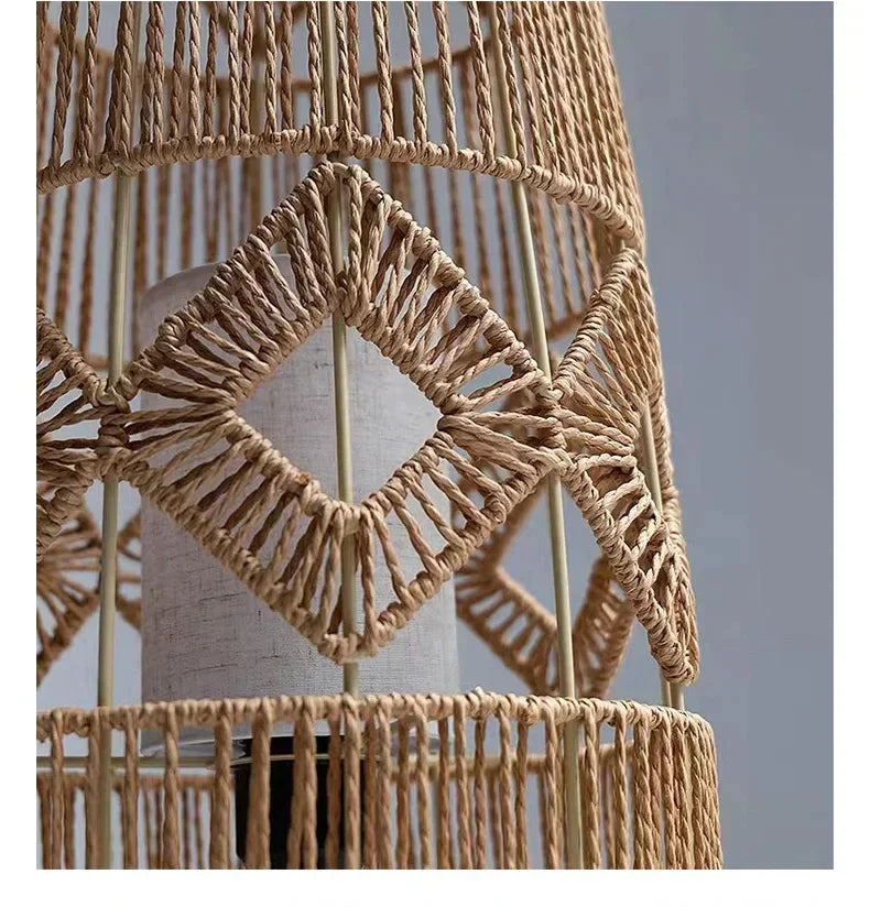 Retro Style Linen Art Hemp Rope Floor Lamp │ Japandi Rattan Weaving Home Tripod Standing Light - Besontique Home