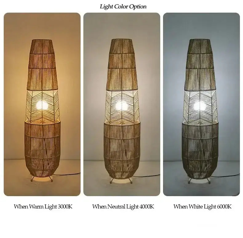 Retro Style Linen Art Hemp Rope Floor Lamp │ Japandi Rattan Weaving Home Tripod Standing Light - Besontique Home