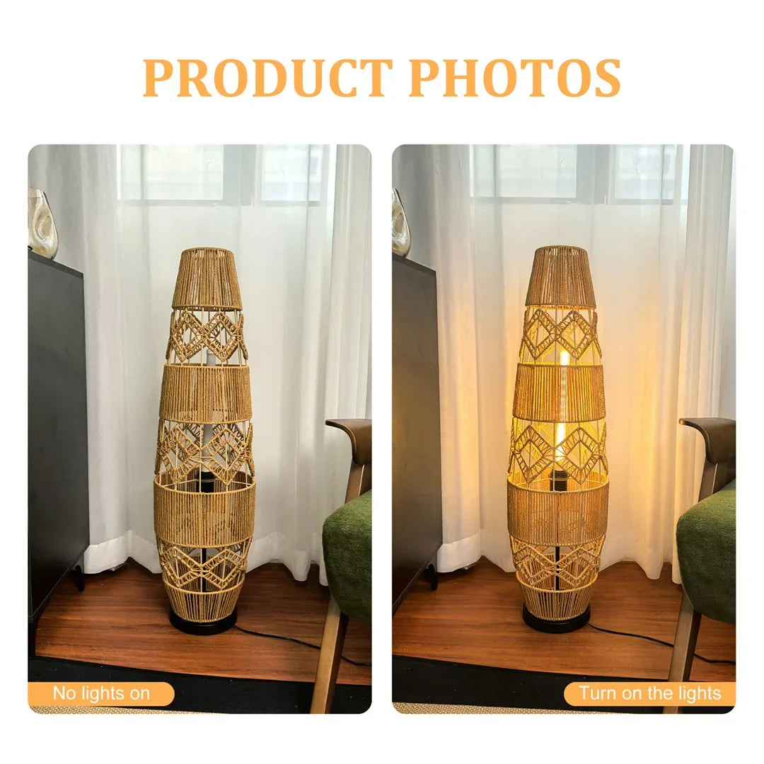 Retro Style Linen Art Hemp Rope Floor Lamp │ Japandi Rattan Weaving Home Tripod Standing Light - Besontique Home