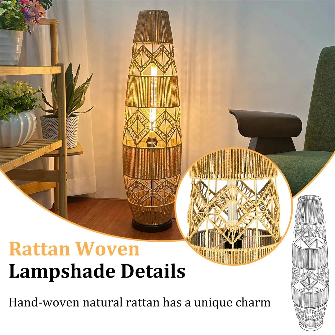 Retro Style Linen Art Hemp Rope Floor Lamp │ Japandi Rattan Weaving Home Tripod Standing Light - Besontique Home
