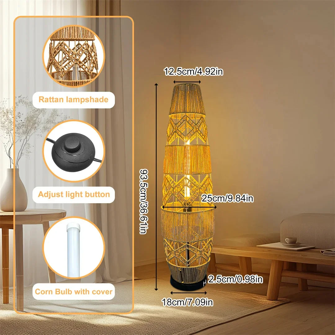 Retro Style Linen Art Hemp Rope Floor Lamp │ Japandi Rattan Weaving Home Tripod Standing Light - Besontique Home