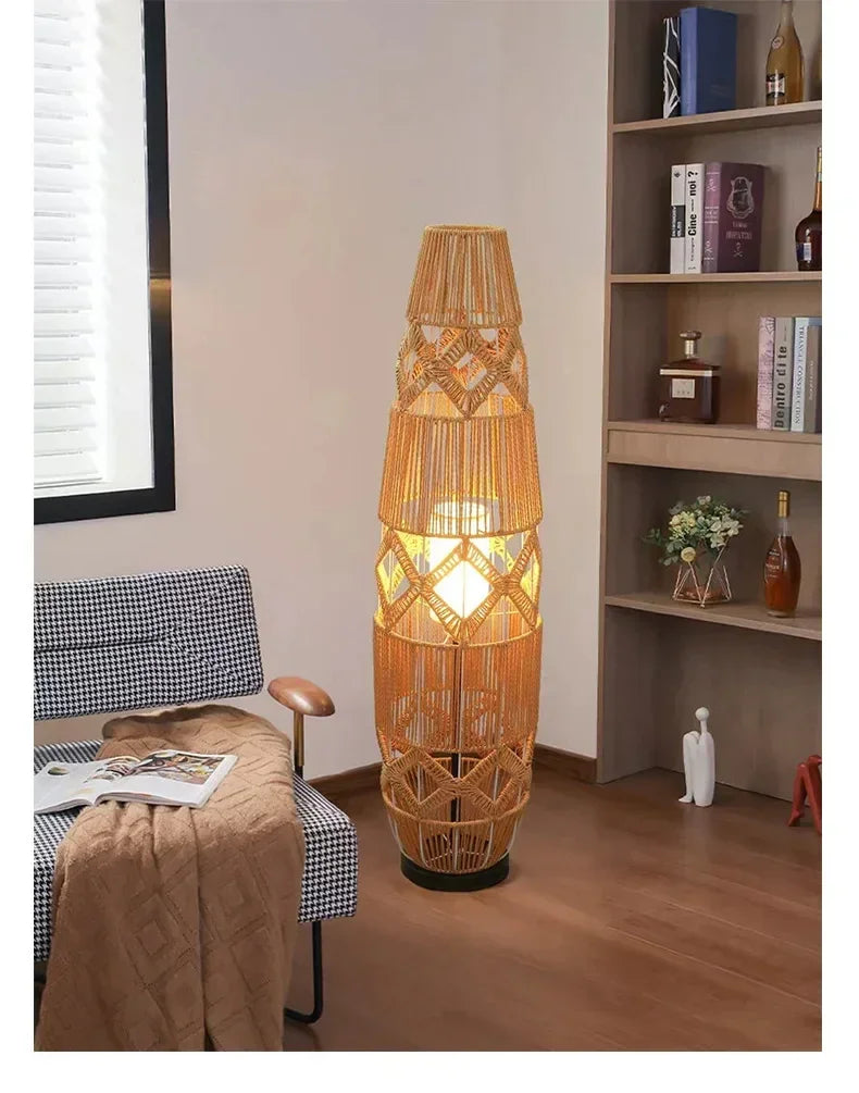 Retro Style Linen Art Hemp Rope Floor Lamp │ Japandi Rattan Weaving Home Tripod Standing Light - Besontique Home