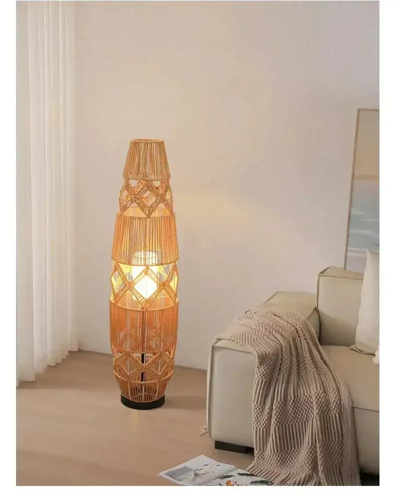 Retro Style Linen Art Hemp Rope Floor Lamp │ Japandi Rattan Weaving Home Tripod Standing Light - Besontique Home