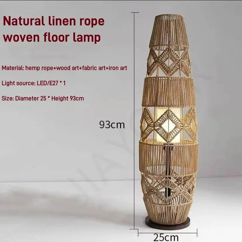 Retro Style Linen Art Hemp Rope Floor Lamp │ Japandi Rattan Weaving Home Tripod Standing Light - Besontique Home