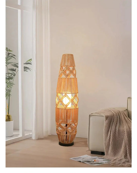 Retro Style Linen Art Hemp Rope Floor Lamp │ Japandi Rattan Weaving Home Tripod Standing Light - Besontique Home
