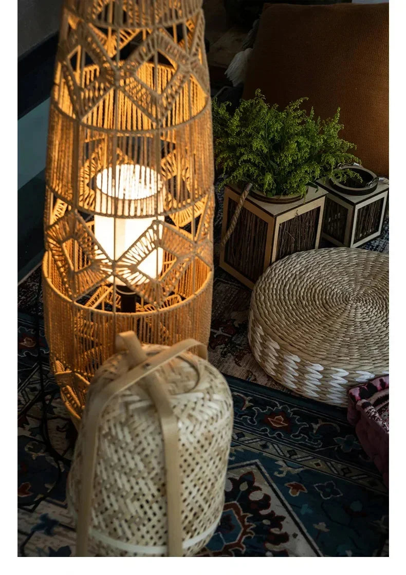 Retro Style Linen Art Hemp Rope Floor Lamp │ Japandi Rattan Weaving Home Tripod Standing Light - Besontique Home