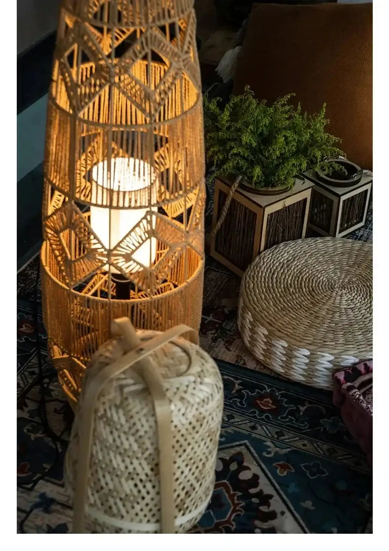 Retro Style Linen Art Hemp Rope Floor Lamp │ Japandi Rattan Weaving Home Tripod Standing Light - Besontique Home