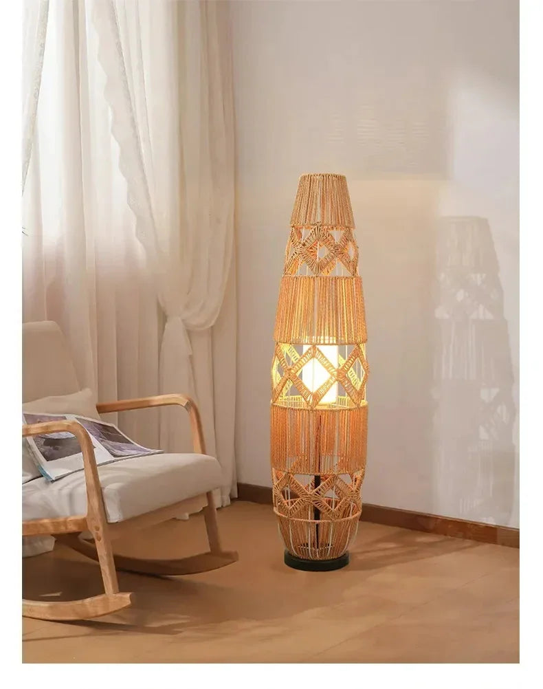 Retro Style Linen Art Hemp Rope Floor Lamp │ Japandi Rattan Weaving Home Tripod Standing Light - Besontique Home