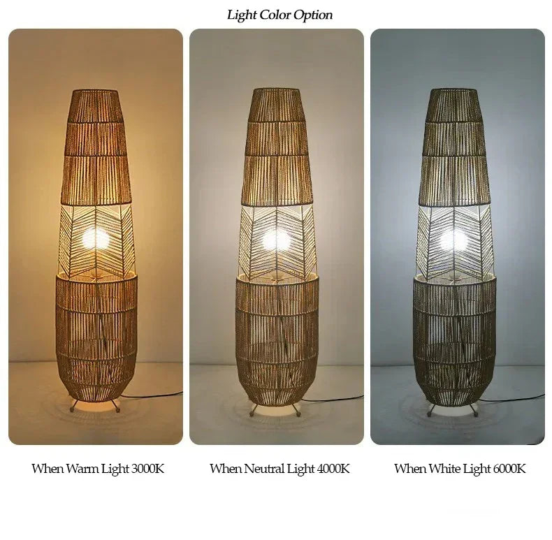 Retro Style Linen Art Hemp Rope Floor Lamp │ Japandi Rattan Weaving Home Tripod Standing Light - Besontique Home