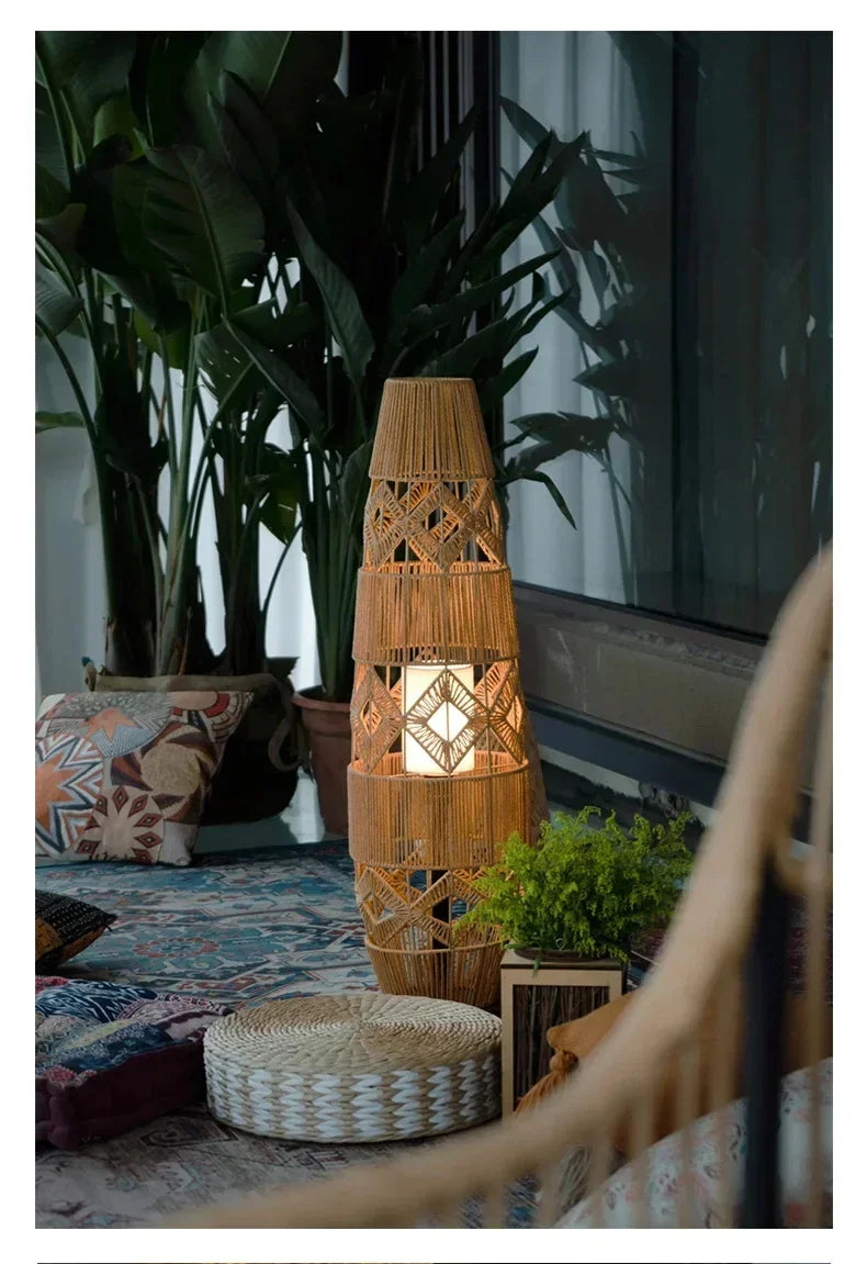 Retro Style Linen Art Hemp Rope Floor Lamp │ Japandi Rattan Weaving Home Tripod Standing Light - Besontique Home