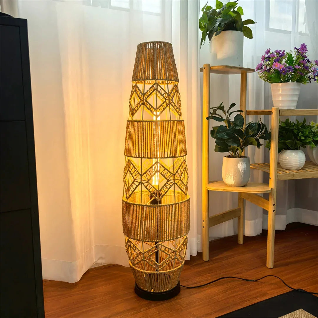 Retro Style Linen Art Hemp Rope Floor Lamp │ Japandi Rattan Weaving Home Tripod Standing Light - Besontique Home