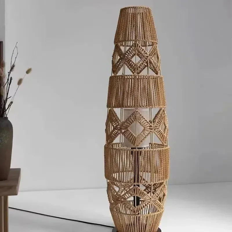 Retro Style Linen Art Hemp Rope Floor Lamp │ Japandi Rattan Weaving Home Tripod Standing Light - Besontique Home