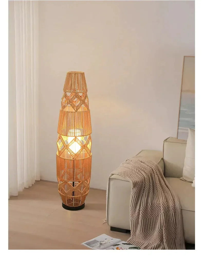 Retro Style Linen Art Hemp Rope Floor Lamp │ Japandi Rattan Weaving Home Tripod Standing Light - Besontique Home