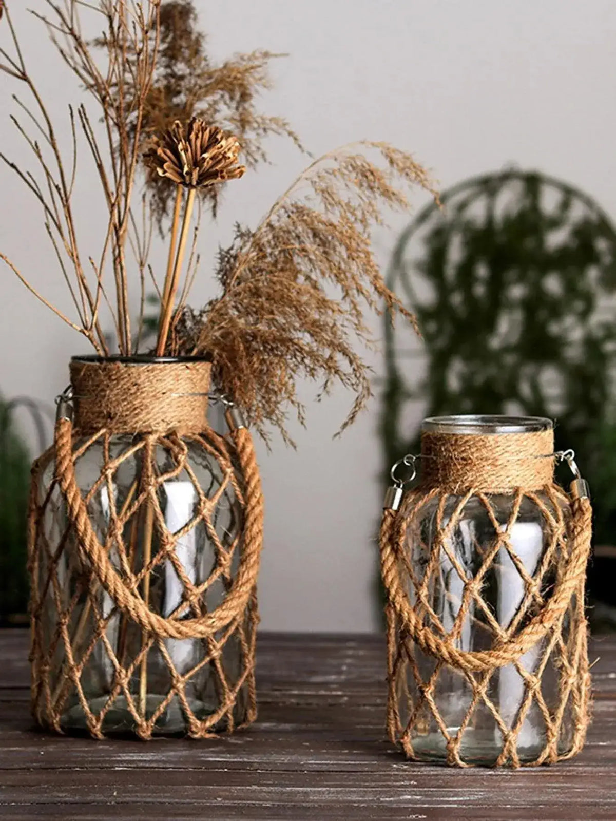 rustic-hanging-glass-vase-with-hemp-rope-net-artistic-transparent-dry-flower-jar-vase-set-besontique-home-13631 - Besontique Home