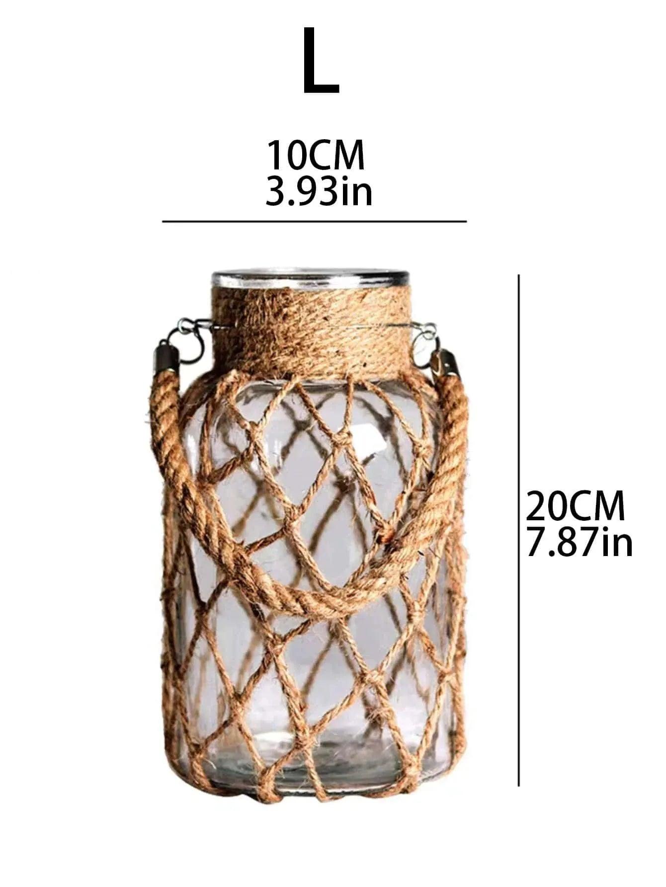 Rustic Hanging Glass Vase with Hemp Rope Net │ Artistic Transparent Dry Flower Jar Vase Set - Besontique Home