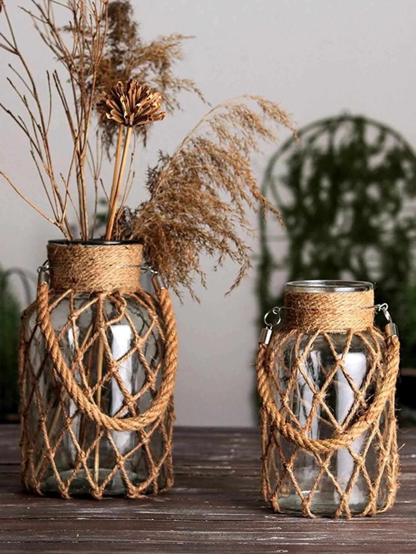 Rustic Hanging Glass Vase with Hemp Rope Net │ Artistic Transparent Dry Flower Jar Vase Set - Besontique Home
