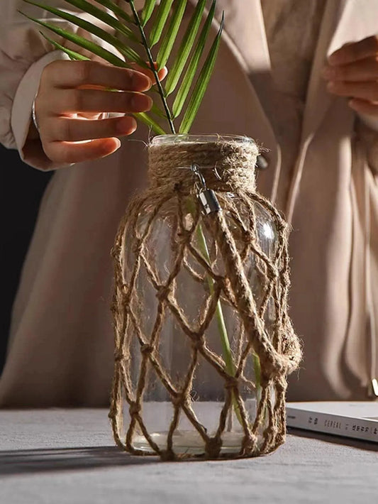 Rustic Hanging Glass Vase with Hemp Rope Net │ Artistic Transparent Dry Flower Jar Vase Set - Besontique Home