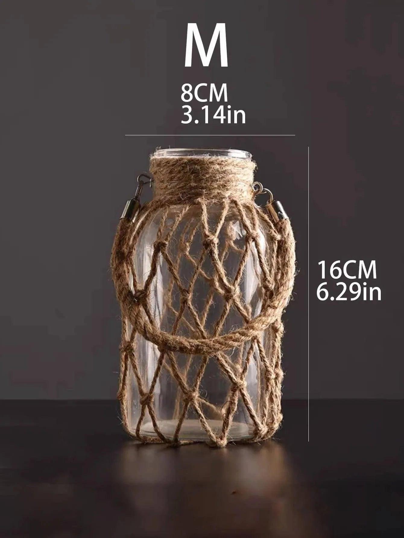 Rustic Hanging Glass Vase with Hemp Rope Net │ Artistic Transparent Dry Flower Jar Vase Set - Besontique Home