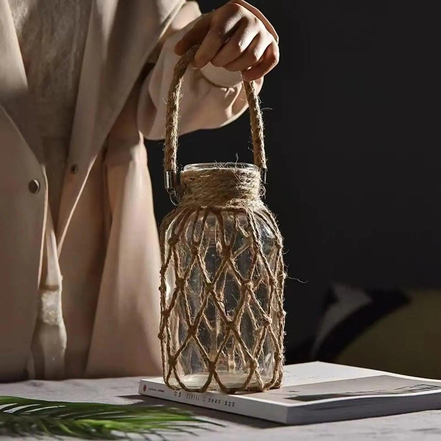 Rustic Hanging Glass Vase with Hemp Rope Net │ Artistic Transparent Dry Flower Jar Vase Set - Besontique Home