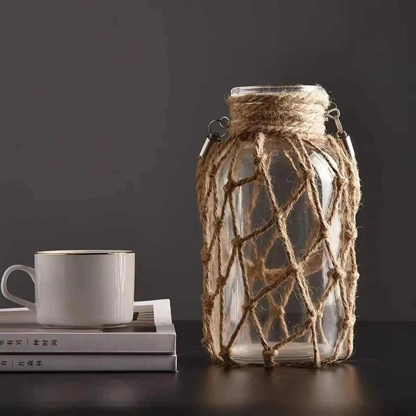 Rustic Hanging Glass Vase with Hemp Rope Net │ Artistic Transparent Dry Flower Jar Vase Set - Besontique Home