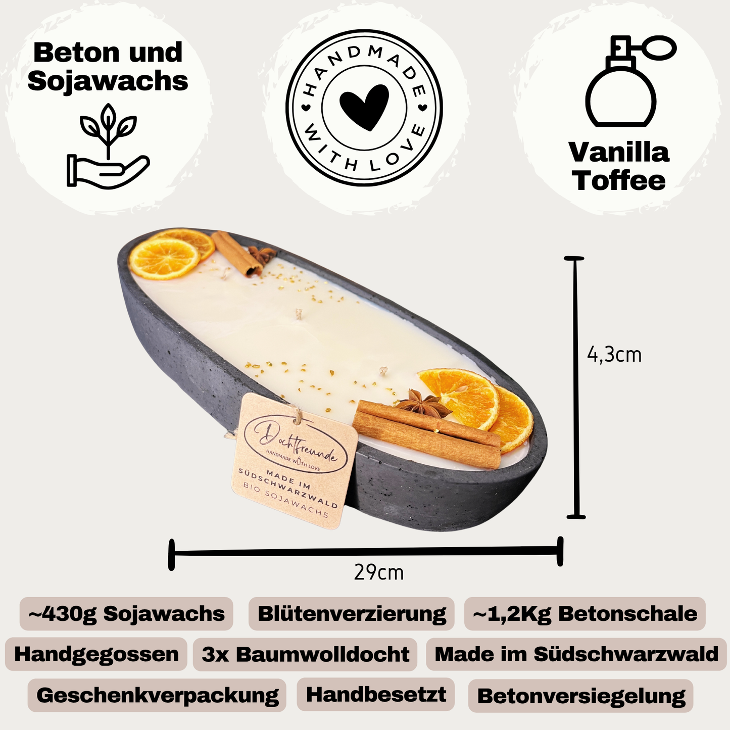 Black Edition - HANDGEMACHTE BETONKERZE "Black-Ship" - Stilvolle Sojawachskerze für Ihr Zuhause. Kerze mit Blütenverzierung und drei HOCHWERTIGEN Baumwolldochten - Besontique Home