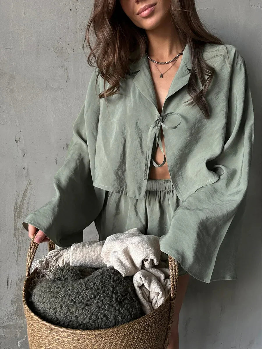 Solid Color Viscose Long Sleeved Shorts Pajamas 2 Piece Set │ Comfortable Homewear - Besontique Home