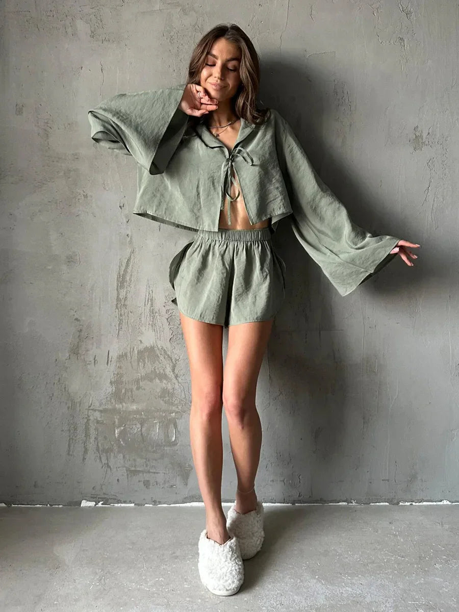 Solid Color Viscose Long Sleeved Shorts Pajamas 2 Piece Set │ Comfortable Homewear - Besontique Home