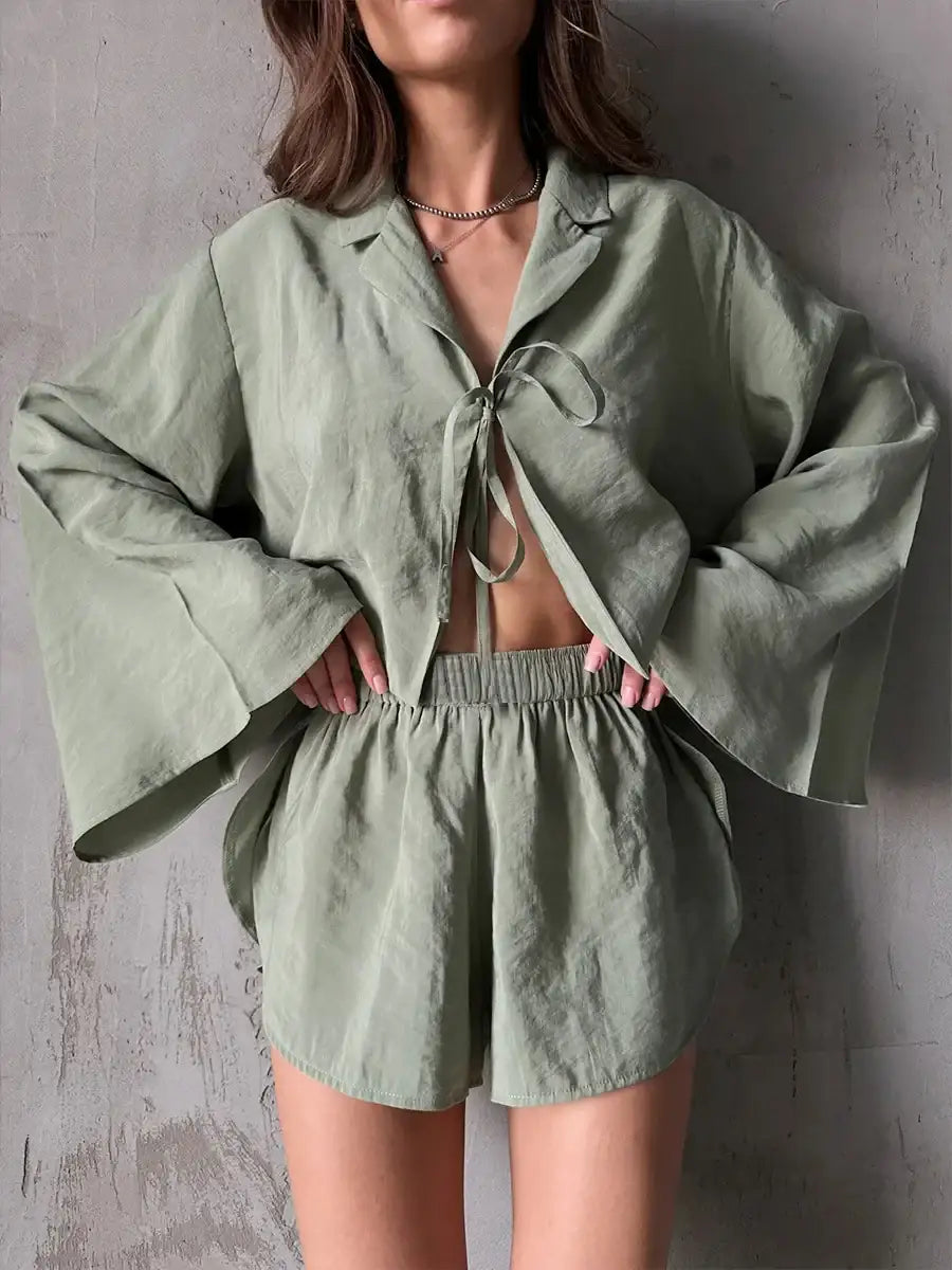 solid-color-viscose-long-sleeved-shorts-pajamas-2-piece-set-comfortable-homewear-besontique-home-53418 - Besontique Home
