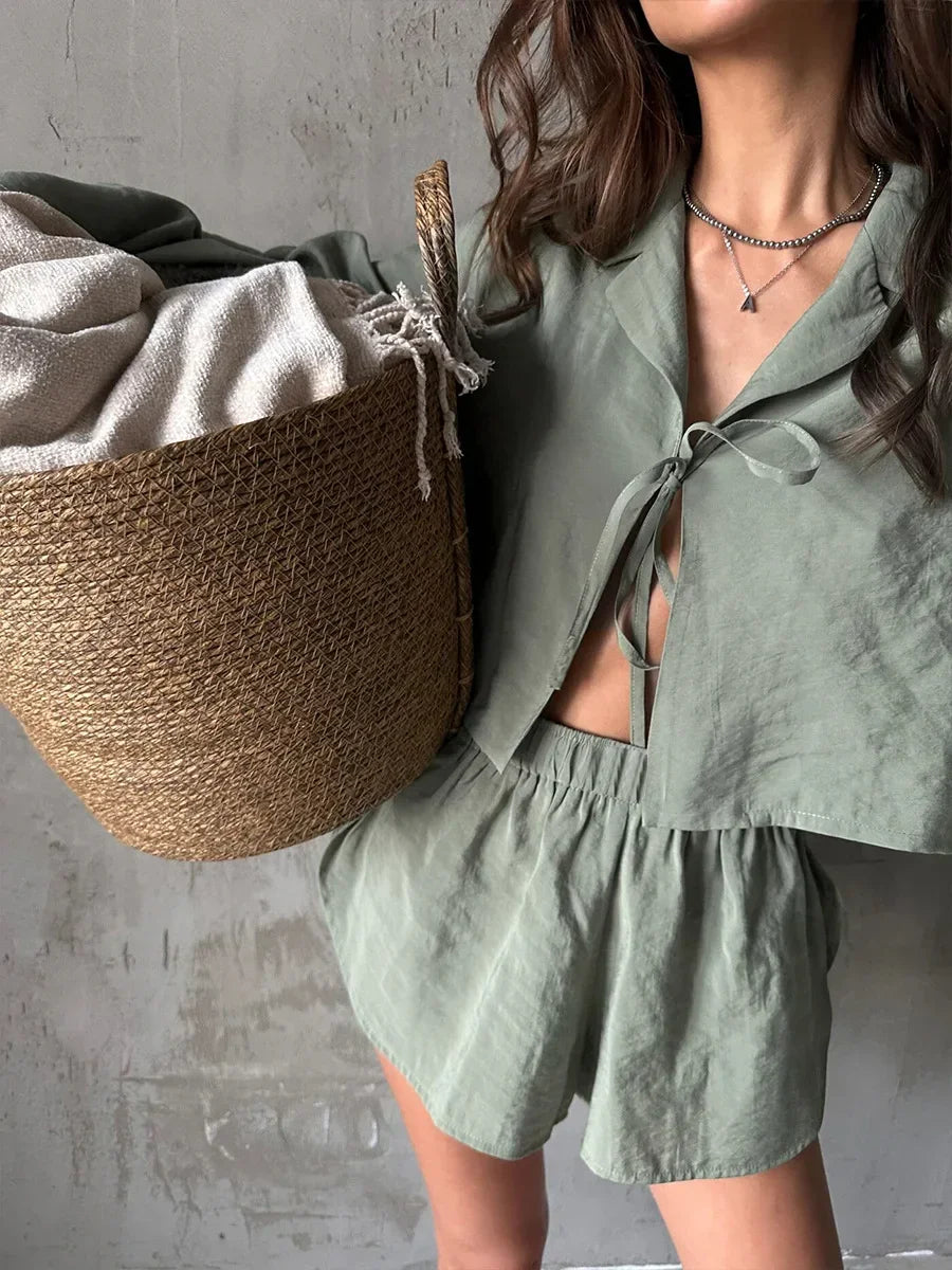 Solid Color Viscose Long Sleeved Shorts Pajamas 2 Piece Set │ Comfortable Homewear - Besontique Home